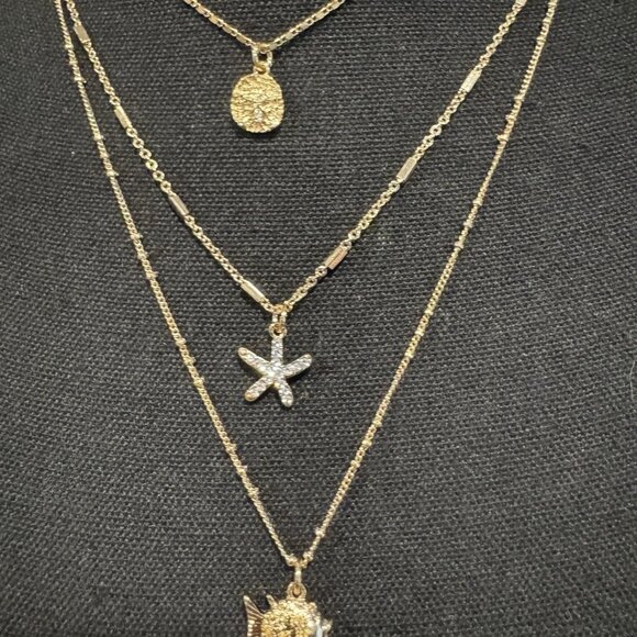 Lilly Pulitzer Goldtone Starfish Blowfish Charm 3 Chain Layered Necklace NEW - Picture 7 of 14